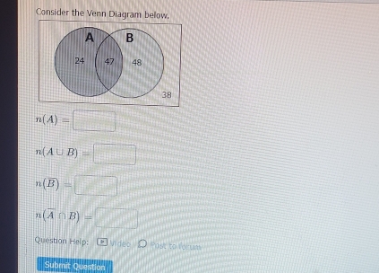 Consider the Venn Diagram below.
n(A)=□
n(A∪ B)=□
n(overline B)=□
n(overline A∩ B)=□
Question Help: Video Past to for um 
Submit Q