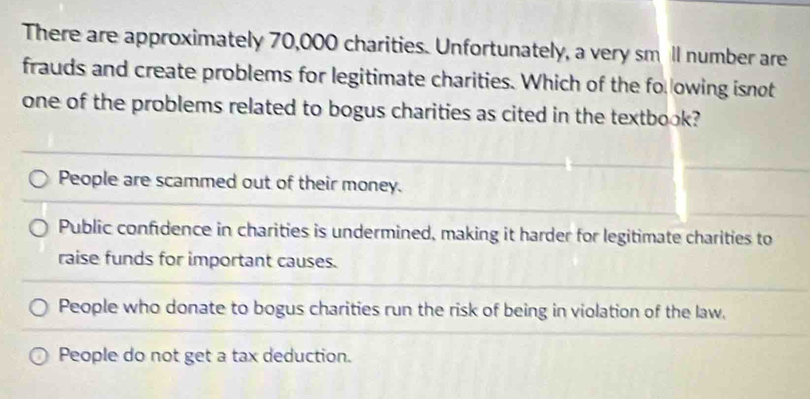 There are approximately 70,000 charities. Unfortunately, a very sm ll number are
frauds and create problems for legitimate charities. Which of the fo owing isnot
one of the problems related to bogus charities as cited in the textbook?
People are scammed out of their money.
Public confidence in charities is undermined, making it harder for legitimate charities to
raise funds for important causes.
People who donate to bogus charities run the risk of being in violation of the law.
People do not get a tax deduction.