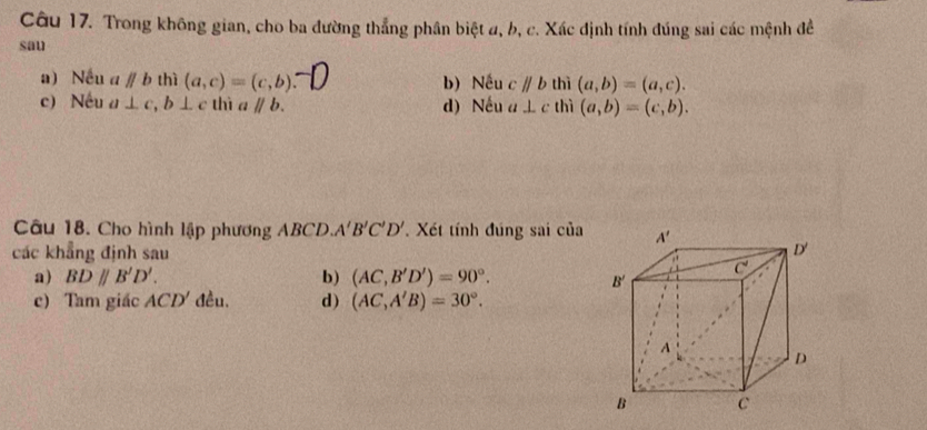 Trong không gian, cho ba đường thẳng phân biệt a, b, c. Xác định tính đúng sai các mệnh đề
sau
a) Nếu aparallel b thì (a,c)=(c,b). -D b) Nếu cparallel b thì (a,b)=(a,c).
c) Nếu a⊥ c,b⊥ c thì aparallel b. d) Nếu a⊥ c thì (a,b)=(c,b).
Câu 18. Cho hình lập phương AB CD A'B'C'D' * Xét tính đúng sai của 
các khẳng định sau
a) BDparallel B'D'. b) (AC,B'D')=90°.
c) Tam giác ACD'det d) (AC,A'B)=30°.