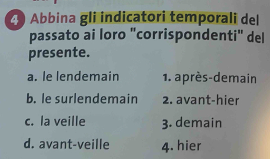 Abbina gli indicatori temporali del
passato ai loro "corrispondenti" del
presente.
a. le lendemain 1. après-demain
b. e surlendemain 2. avant-hier
c. la veille 3. demain
d. avant-veille 4. hier