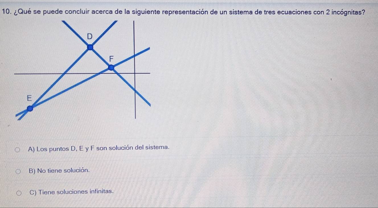 ¿Qué se puede concluir acerca de la siguiente representación de un sistema de tres ecuaciones con 2 incógnitas?
D
F
E
A) Los puntos D, E y F son solución del sistema.
B) No tiene solución.
C) Tiene soluciones infinitas.