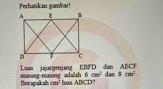 Perhatikan gambar! 
Luas jajargenjang EBFD dan AECF
masing-masing adalah 6cm^2 dan 8cm^2. 
Berapakah cm^2 luas ABCD?