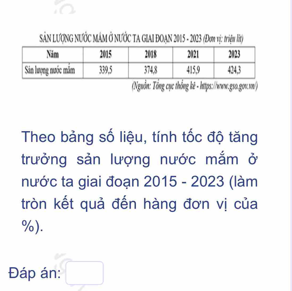 SảN LƯợNG NƯỚC MÁM Ở NƯỚC TA GIAI DOAN 2015 - 2023 (Đơm vị: triệu lit) 
(Nguồn: Tổng cục thổng kê - https://www.gso.gov.vn/) 
Theo bảng số liệu, tính tốc độ tăng 
trưởng sản lượng nước mắm ở 
nước ta giai đoạn 2015 - 2023 (làm 
tròn kết quả đến hàng đơn vị của 
%). 
Đáp án: □