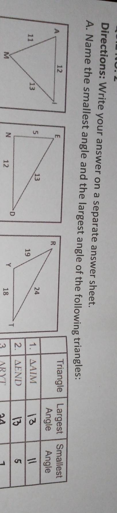 Directions: Write your answer on a separate answer sheet.
A. Name the smallest angle and the largest angle of the following triangles:

△ RYT
1