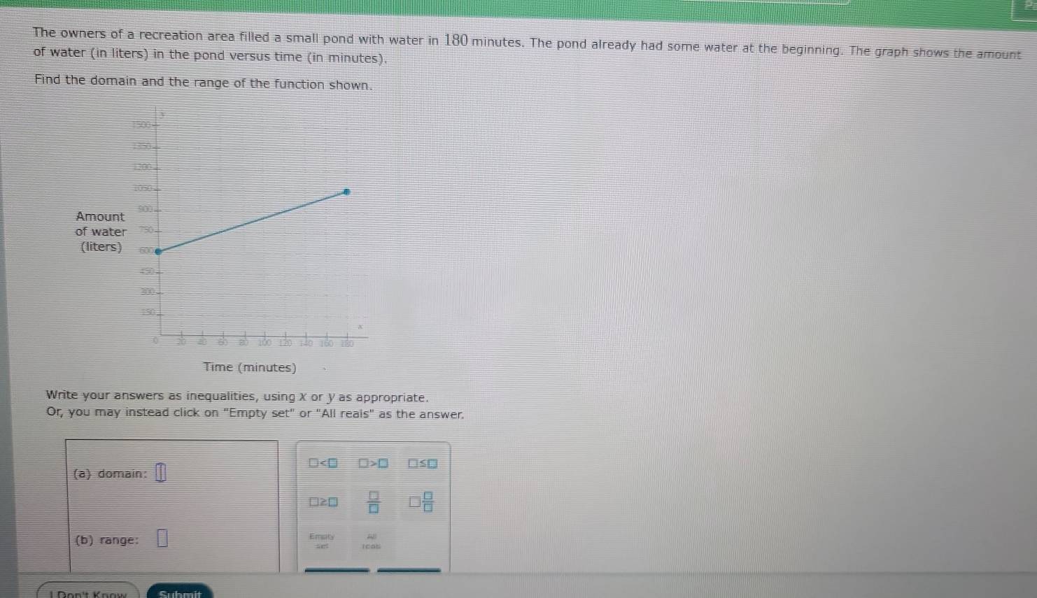 The owners of a recreation area filled a small pond with water in 180 minutes. The pond already had some water at the beginning. The graph shows the amount 
of water (in liters) in the pond versus time (in minutes). 
Find the domain and the range of the function shown. 
Amount 
of water 
(liters) 
Time (minutes) 
Write your answers as inequalities, using X or y as appropriate. 
Or, you may instead click on "Empty set" or "All reals" as the answer.
D>□
(a) domain:
 □ /□    □ /□  
(b) range: Ematy AI 
Submit