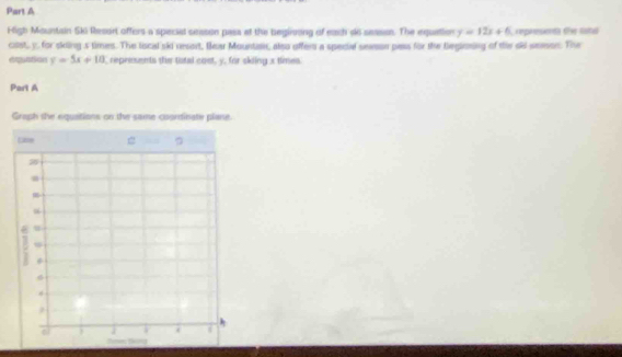 High Mountain SK Reson offers a special season pass at the begirong of each do seasse. The equation y=12x+6 rmpienta the saina
csst, y. for sking s times. The liscal ski resort, Bear Mountai, also offers a special sevson pess for the beglening of the sd seeson. The
equation y=5x+10 represents the tistal coet, y, for skiing x times.
Part A
Graph the equations on the same coordinate plane.
