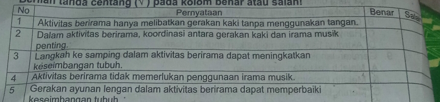 Man tanda centang (V ) pada kolom benar atau salan! 
e se imbangan tubuh ''