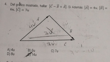 Del grafico mostrado, hallar |vector C-vector B+vector A|. Si Además: |vector A|=4u,|vector B|=
6u, |vector C|=7u
A) 4u B) 6u C) 7u
D) 8u