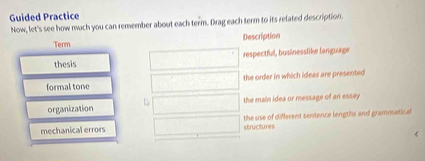 Guided Practice
Now, let's see how much you can remember about each term. Drag each term to its related description.
Description
Term
thesis respectful, businesslike language
the order in which ideas are presented
formal tone
organization the main idea or message of an essay
the use of different sentence lengths and grammatical
mechanical errors structures