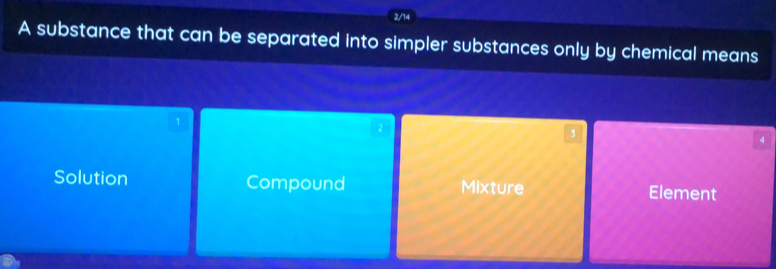 2/14
A substance that can be separated into simpler substances only by chemical means
1
2
3
4
Solution Compound Mixture Element