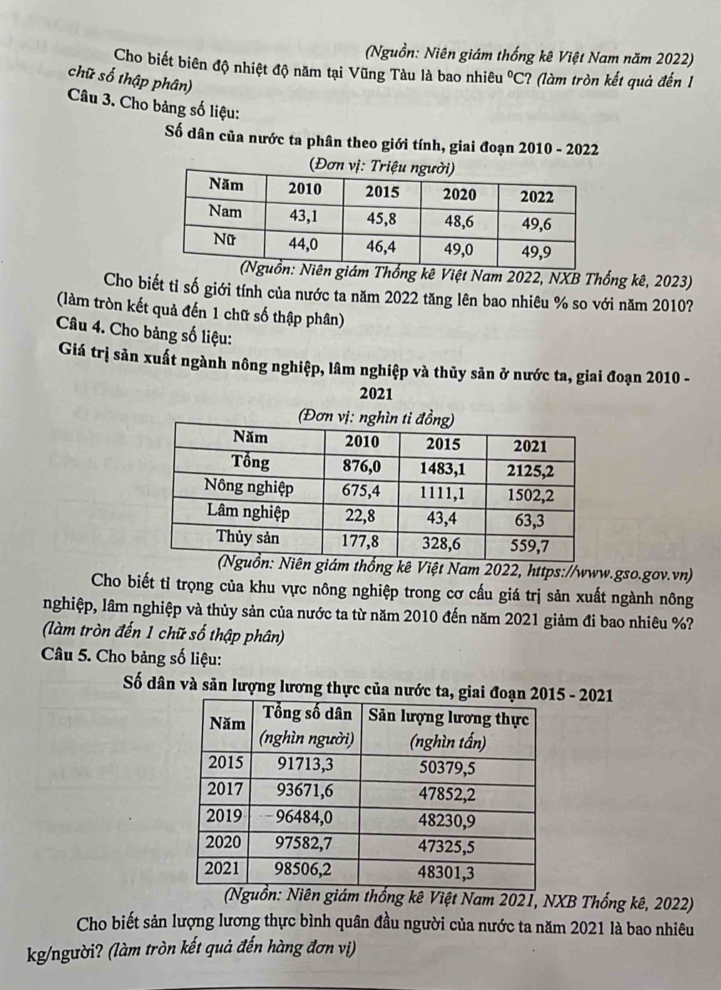 (Nguồn: Niên giám thống kê Việt Nam năm 2022) 
Cho biết biên độ nhiệt độ năm tại Vũng Tàu là bao nhiêu^0C ? (làm tròn kết quả đến 1 
chữ số thập phân) 
Câu 3. Cho bảng số liệu: 
Số dân của nước ta phân theo giới tính, giai đoạn 2010 - 2022 
(Đơn vị: 
Thống kê Việt Nam 2022, NXB Thống kê, 2023) 
Cho biết tỉ số giới tính của nước ta năm 2022 tăng lên bao nhiêu % so với năm 2010? 
(làm tròn kết quả đến 1 chữ số thập phân) 
Câu 4. Cho bảng số liệu: 
Giá trị sản xuất ngành nông nghiệp, lâm nghiệp và thủy sản ở nước ta, giai đoạn 2010 - 
2021 
thống kê Việt Nam 2022, https://www.gso.gov.vn) 
Cho biết tỉ trọng của khu vực nông nghiệp trong cơ cấu giá trị sản xuất ngành nông 
nghiệp, lâm nghiệp và thủy sản của nước ta từ năm 2010 đến năm 2021 giảm đi bao nhiêu %? 
(làm tròn đến 1 chữ số thập phân) 
Câu 5. Cho bảng số liệu: 
Số dân và sản lượng lương thực của nước ta, giai đoạ5 - 2021 
thống kê Việt Nam 2021, NXB Thống kê, 2022) 
Cho biết sản lượng lương thực bình quân đầu người của nước ta năm 2021 là bao nhiêu 
kg/người? (làm tròn kết quả đến hàng đơn vị)