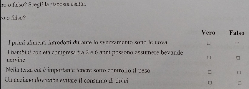 ero o falso? Scegli la risposta esatta.
ro o falso?
Vero Falso
I primi alimenti introdotti durante lo svezzamento sono le uova
I bambini con età compresa tra 2 e 6 anni possono assumere bevande
nervine
Nella terza età è importante tenere sotto controllo il peso
Un anziano dovrebbe evitare il consumo di dolci