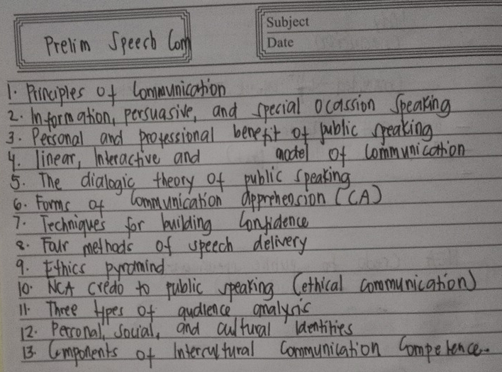 Prelim Speech Com 
1. Principles of Communication 
2. In formation; persuasive, and special ocassion Speaking 
3. Personal and progessional benefit of public speaking 
4. linear, Interactive and aodel of communication 
5. The dialogic theory of public speaking 
6. Forms of Communication apprehension (CA) 
7. Technique's for building Confidence 
8. Four methods of speech delivery 
9. thics pyramind 
10. WCA credo to public speaking Cethical communication) 
11. Three types of qudience analyic 
12. Perronal, Social, and cultural ldentiries 
13. Compotents of Intercltural Communication Compekence.