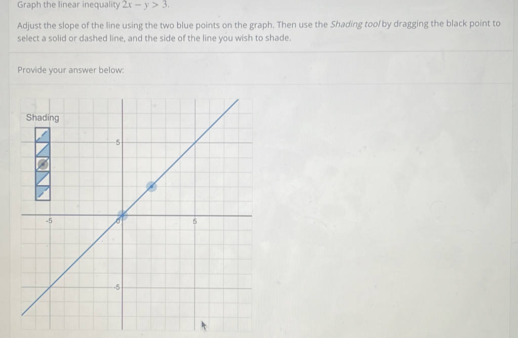 Graph the linear inequality 2x-y>3. 
Adjust the slope of the line using the two blue points on the graph. Then use the Shading tool by dragging the black point to 
select a solid or dashed line, and the side of the line you wish to shade. 
Provide your answer below: