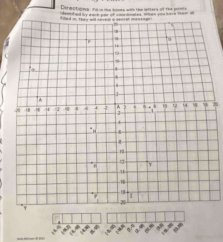 Directions: Fill in the boxes with the letters of the points 
identified by each pair of coordinates. When you have them all
20
(-5,-5) AD (-5,-18) (-6,16) (6,-12) (-5,-12) (-18,9) (7,-1) (2,-18) (12,16) (0,0) (-19,-20) (13,20)
Kelly McCown @ 2015