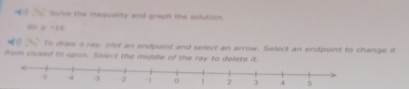 ( _ Scive the inequality and graph the solution.
a - 16
To draw a ray, plot an endpoint and select an arrow. Select an endpoint to change it
from closed to opun. Select the middle of the ray to delete it.