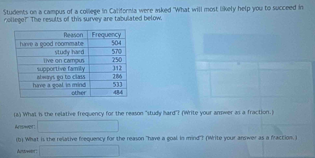 Students on a campus of a college in California were asked "What will most likely help you to succeed in 
college?" The results of this survey are tabulated below. 
(a) What is the relative frequency for the reason "study hard"? (Write your answer as a fraction.) 
Answer: □ 
(b) What is the relative frequency for the reason "have a goal in mind"? (Write your answer as a fraction.) 
Answer: □