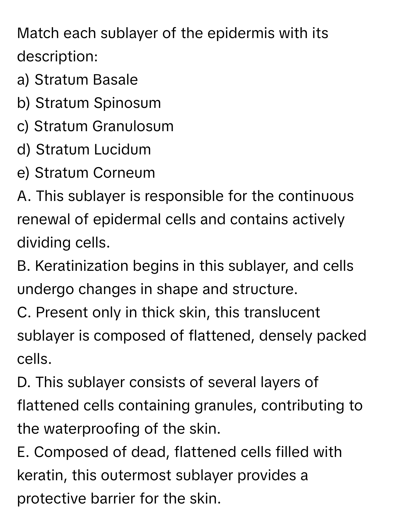 Match each sublayer of the epidermis with its description:

a) Stratum Basale
b) Stratum Spinosum
c) Stratum Granulosum
d) Stratum Lucidum
e) Stratum Corneum

A. This sublayer is responsible for the continuous renewal of epidermal cells and contains actively dividing cells.
B. Keratinization begins in this sublayer, and cells undergo changes in shape and structure.
C. Present only in thick skin, this translucent sublayer is composed of flattened, densely packed cells.
D. This sublayer consists of several layers of flattened cells containing granules, contributing to the waterproofing of the skin.
E. Composed of dead, flattened cells filled with keratin, this outermost sublayer provides a protective barrier for the skin.