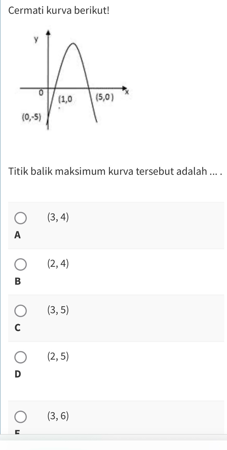 Cermati kurva berikut!
Titik balik maksimum kurva tersebut adalah ... .
(3,4)
A
(2,4)
B
(3,5)
C
(2,5)
D
(3,6)
C