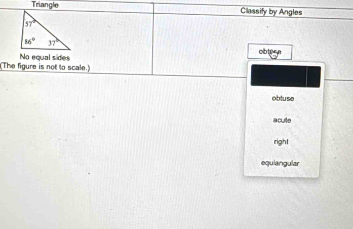 Triangle Classify by Angles
obtase
No equal sides
(The figure is not to scale.)
obtuse
acute
right
equiangular