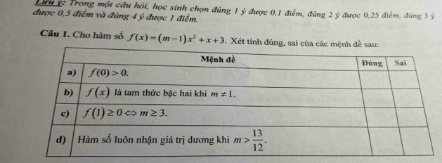 Lưu ý: Trong một cầu hỏi, học sinh chọn đúng 1 ý được 0,1 điểm, đúng 2 ý được 0,25 điểm, đúng 3 ý
được 0,5 điểm và đúng 4 ý được 1 điểm.
Câu 1. Cho hàm số f(x)=(m-1)x^2+x+3. Xét tính đúng, s