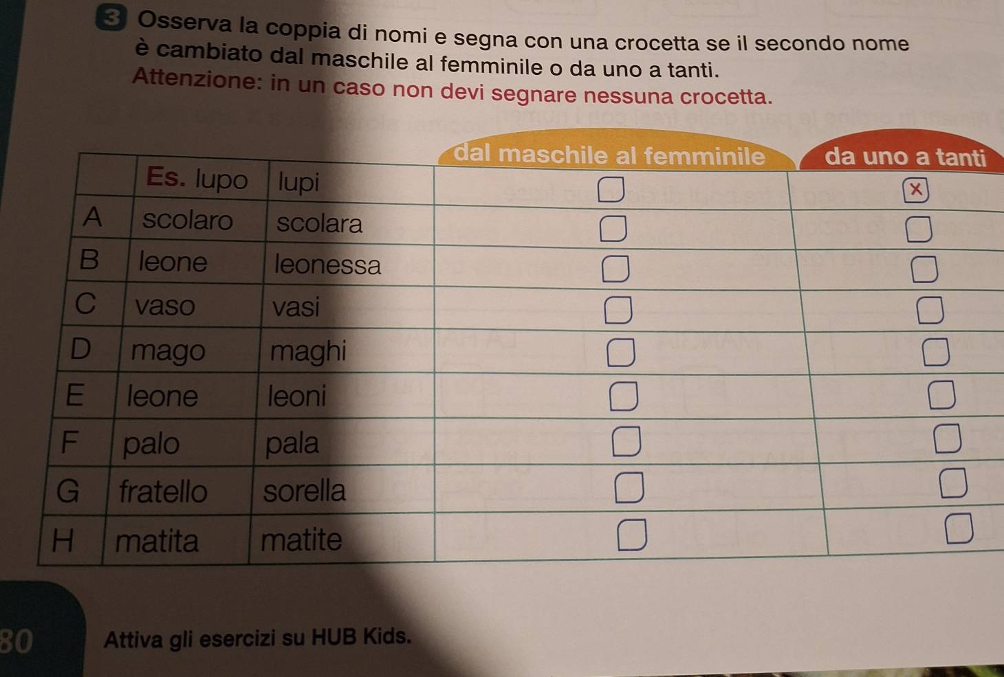 Osserva la coppia di nomi e segna con una crocetta se il secondo nome 
è cambiato dal maschile al femminile o da uno a tanti. 
Attenzione: in un caso non devi segnare nessuna crocetta. 
i
80 Attiva gli esercizi su HUB Kids.