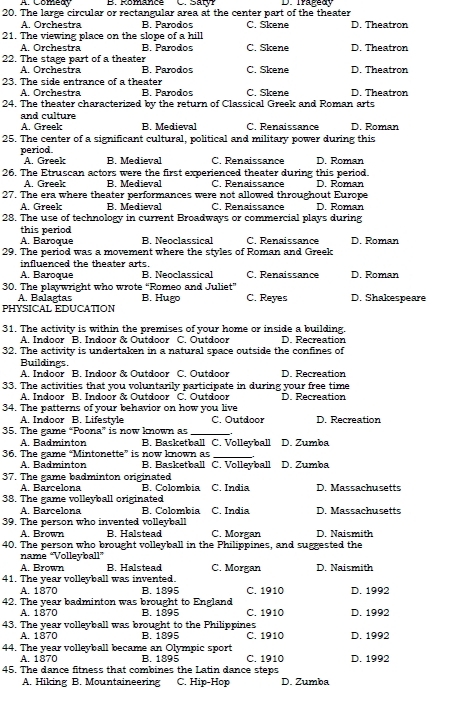 A. Comedy B. Romance C. Saty
20. The large circular or rectangular area at the center part of the theater Diragedy
A. Orchestra B. Parodos C. Skene D. Theatron
21. The viewing place on the slope of a hill
A. Orchestra B. Parodos C. Skene
22. The stage part of a theater D. Theatron
A. Orchestra B. Parodos C. Skene D. Theatron
23. The side entrance of a theater D. Theatron
A. Orchestra B. Parodos C. Skene
24. The theater characterized by the return of Classical Greek and Roman arts
and culture
A. Greek B. Medieval C. Renaissance D. Roman
25. The center of a significant cultural, political and military power during this
period B. Medieval C. Renaissance D. Roman
A. Greek
26. The Etruscan actors were the first experienced theater during this period.
A. Greek B. Medieval C. Renaissance D. Roman
27. The era where theater performances were not allowed throughout Europe
A. Greek B. Medieval C. Renaissance D. Roman
28. The use of technology in current Broadways or commercial plays during
this period C. Renaissance D. Roman
A. Baroque B. Neoclassical
29. The period was a movement where the styles of Roman and Greek
influenced the theater arts.
A. Baroque B. Neoclassical C. Renaissance D. Roman
30. The playwright who wrote “Romeo and Juliet” D. Shakespeare
A. Balagtas B. Hugo C. Reyes
PHYSICAL EDUCATION
31. The activity is within the premises of your home or inside a building.
A. Indoor B. Indoor & Outdoor C. Outdoor D. Recreation
32. The activity is undertaken in a natural space outside the confines of
Buildings.
A. Indoor B. Indoor & Outdoor C. Outdoor D. Recreation
33. The activities that you voluntarily participate in during your free time D. Recreation
A. Indoor B. Indoor & Outdoor C. Outdoor
34. The patterns of your behavior on how you live
A. Indoor B. Lifestyle C. Outdoor D. Recreation
35. The game “Poona” is now known as_
A. Badminton B. Basketball C. Volleyball D. Zumba
36. The game “Mintonette” is now known as D. Zumba
A. Badminton B. Basketball C. Volleyball
37. The game badminton originated
A. Barcelona B. Colombia C. India D. Massachusetts
38. The game volleyball originated D. Massachusetts
A. Barcelona B. Colombia C. India
39. The person who invented volleyball C. Morgan D. Naismith
A. Brown B. Halstead
40. The person who brought volleyball in the Philippines, and suggested the
name "Vollevball”
A. Brown B. Halstead C. Morgan D. Naismith
41. The year volleyball was invented.
A. 1870 B. 1895 C. 1910 D. 1992
42. The year badminton was brought to England C. 1910 D. 1992
A. 1870 B. 1895
43. The year volleyball was brought to the Philippines
A. 1870 B. 1895 C. 1910 D. 1992
44. The year volleyball became an Olympic sport
A. 1870 B. 1895 C. 1910 D. 1992
45. The dance fitness that combines the Latin dance steps
A. Hiking B. Mountaineering C. Hip-Hop D. Zumba