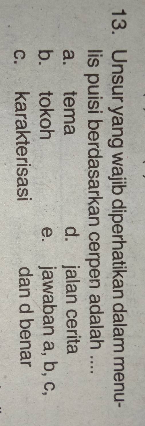 Unsur yang wajib diperhatikan dalam menu-
lis puisi berdasarkan cerpen adalah ....
a. tema d. jalan cerita
b. tokoh e. jawaban a, b, c,
c. karakterisasi dan d benar