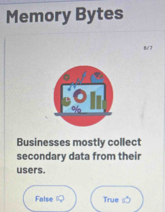 Memory Bytes
6/7
Businesses mostly collect
secondary data from their
users.
True