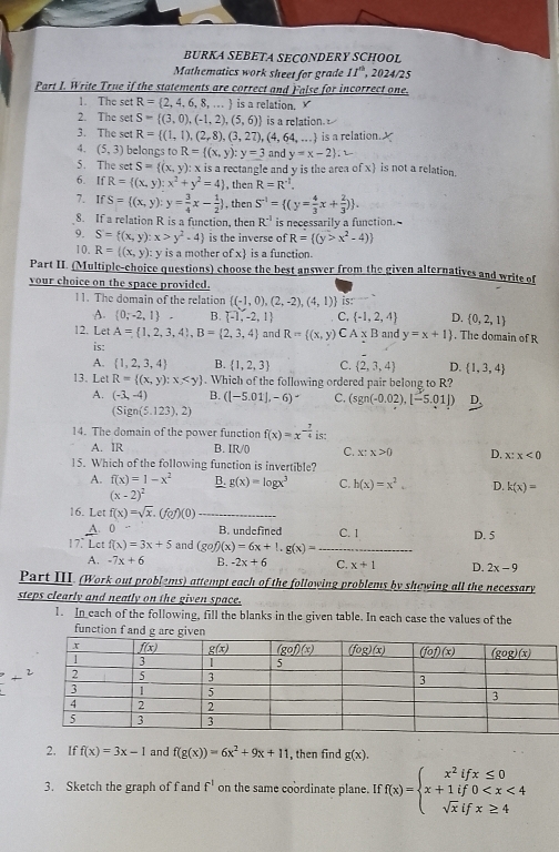 BURKA SEBETA SECONDERY SCHOOL
Mathematics work sheet for grade II^(th) , 2024/25
Part I. Write True if the statements are correct and False for incorrect one.
1. The set R= 2,4,6,8,... is a relation. x
2. The set S= (3,0),(-1,2),(5,6) is a relation 
3. The set R= (1,1),(2,8),(3,27),(4,64,
4. (5,3) belongs to R= (x,y):y=3 and y=x-2 . … is a relation.
<
5. The set S= (x,y) c x is a rectangle and y is the area of x is not a relation.
6. If R= (x,y):x^2+y^2=4 , then R=R^(-1).
7. If S= (x,y):y= 3/4 x- 1/2  , then S^(-1)= (y= 4/3 x+ 2/3 ) .
8. If a relation R is a function, then R^(-1) is necessarily a function.-
9. S= (x,y):x>y^2-4 is the inverse of R= (y>x^2-4)
10. R= (x,y): is a mother ofx is a function.
Part II. (Multiple-choice questions) choose the best answer from the given alternatives and write of
your choice on the space provided.
11. The domain of the relation  (-1,0),(2,-2),(4,1) is:
A.  0;-2,1 - B.  -1,-2,1 C.  -1,2,4 D.  0,2,1
12. Let A= 1,2,3,4 ,B= 2,3,4 and R= (x,y) A* B and y=x+1. The domain of R
is:
A.  1,2,3,4 B.  1,2,3 C.  2,3,4 D.  1,3,4
13. Let R= (x,y):x, . Which of the following ordered pair belong to R?
A. (-3,-4) B. ([-5.01],-6) C. (sgn(-0.02),[-5.01])
(Sign(5.123),2)
14. The domain of the power function f(x)=x^(-frac 7)4 is:
A. IR B. IR/() C. x:x>0 D. x:x<0</tex>
15. Which of the following function is invertible?
A. f(x)=1-x^2 B. g(x)=log x^3 C. h(x)=x^2. D. k(x)=
(x-2)^2
16. Let f(x)=sqrt(x).(fof)(0) _
A. 0 B. undefined C. 1 D. 5
17. Lot f(x)=3x+5 and (gof)(x)=6x+1.g(x)=... _ x+1 D. 2x-9
A. -7x+6 B. -2x+6 C.
Part III. (Work out problems) attempt each of the following problems by shewing all the necessary
steps clearly and neatly on the given space.
1. In each of the following, fill the blanks in the given table. In each case the values of the
function
2. If f(x)=3x-1 and f(g(x))=6x^2+9x+11 , then find g(x).
3. Sketch the graph of f and f^1 on the same coordinate plane. If f(x)=beginarrayl x^2ifx≤ 0 x+1if0