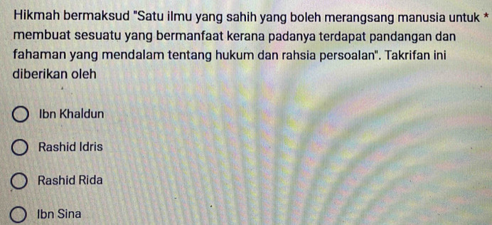 Hikmah bermaksud "Satu ilmu yang sahih yang boleh merangsang manusia untuk *
membuat sesuatu yang bermanfaat kerana padanya terdapat pandangan dan
fahaman yang mendalam tentang hukum dan rahsia persoalan". Takrifan ini
diberikan oleh
Ibn Khaldun
Rashid Idris
Rashid Rida
Ibn Sina