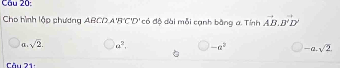 Cho hình lập phương ABCD. A'B'C'D'cd độ dài mỗi cạnh bằng a. Tính vector AB.vector B'D'
a . sqrt(2). a^2. -a^2 -a.sqrt(2). 
Câu 21:
