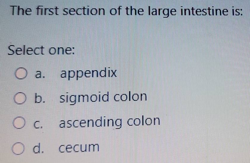 The first section of the large intestine is:
Select one:
a. appendix
b. sigmoid colon
c. ascending colon
d. cecum