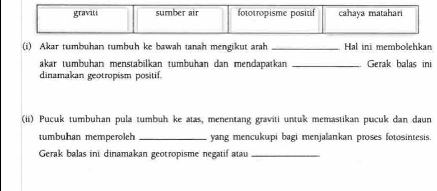 graviti sumber air fototropisme positif cahaya matahari
(i) Akar tumbuhan tumbuh ke bawah tanah mengikut arah _Hal ini membolehkan
akar tumbuhan menstabilkan tumbuhan dan mendapatkan _Gerak balas ini
dinamakan geotropism positif.
(ii) Pucuk tumbuhan pula tumbuh ke atas, menentang graviti untuk memastikan pucuk dan daun
tumbuhan memperoleh _yang mencukupi bagi menjalankan proses fotosintesis.
Gerak balas ini dinamakan geotropisme negatif atau_