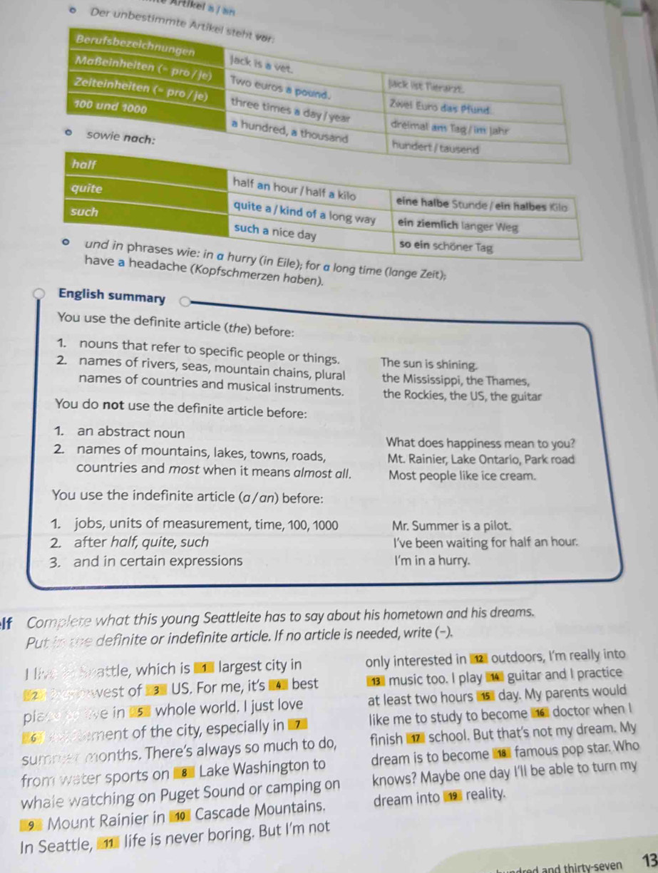 Artikel a / ar
Der unbe
r a long time (lange Zeit);
che (Kopfschmerzen høben).
English summary
You use the definite article (the) before:
1. nouns that refer to specific people or things. The sun is shining.
2. names of rivers, seas, mountain chains, plural the Mississippi, the Thames,
names of countries and musical instruments. the Rockies, the US, the guitar
You do not use the definite article before:
1. an abstract noun What does happiness mean to you?
2. names of mountains, lakes, towns, roads, Mt. Rainier, Lake Ontario, Park road
countries and most when it means almost all. Most people like ice cream.
You use the indefinite article (α/αn) before:
1. jobs, units of measurement, time, 100, 1000 Mr. Summer is a pilot.
2. after half, quite, such I've been waiting for half an hour.
3. and in certain expressions I'm in a hurry.
I Complete what this young Seattleite has to say about his hometown and his dreams.
Put in the definite or indefinite article. If no article is needed, write (-).
I live t Seattle, which is a largest city in only interested in 12 outdoors, I'm really into
1z e Wer west of 13. US. For me, it's ml best music too. I play 4 guitar and I practice
piace to live in ust whole world. I just love at least two hours is day. My parents would
m6 a tement of the city, especially in like me to study to become n6 doctor when I
summer months. There's always so much to do, finish _ 7 school. But that's not my dream. My
from water sports on l Lake Washington to dream is to become e famous pop star. Who
whale watching on Puget Sound or camping on knows? Maybe one day I'll be able to turn my
9 Mount Rainier in 1o Cascade Mountains. dream into 9 reality.
In Seattle, _ life is never boring. But I'm not
13