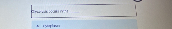 Glycolysis occurs in the_ . 
Cytoplasm