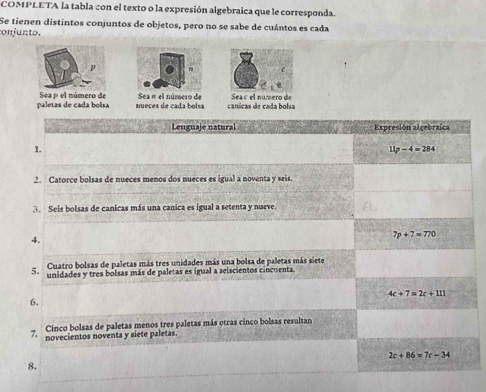 COMPLETA la tabla con el texto o la expresión algebraica que le corresponda.
Se tienen distintos conjuntos de objetos, pero no se sabe de cuántos es cada
conj unto.
p
Sea µ el número de
paletas de cada bolsa nueces de cada bolsa Sea n el número de canícas de cada bolsa Sea é el número de