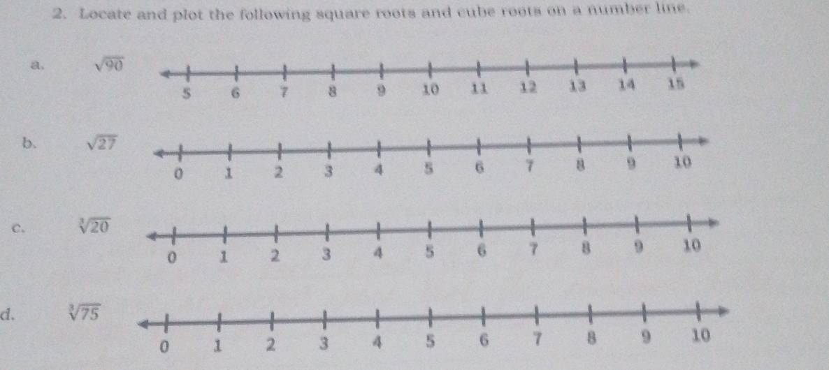 Locate and plot the following square roots and cube roots on a number line.
a, sqrt(90)
b. 
c. 
d.