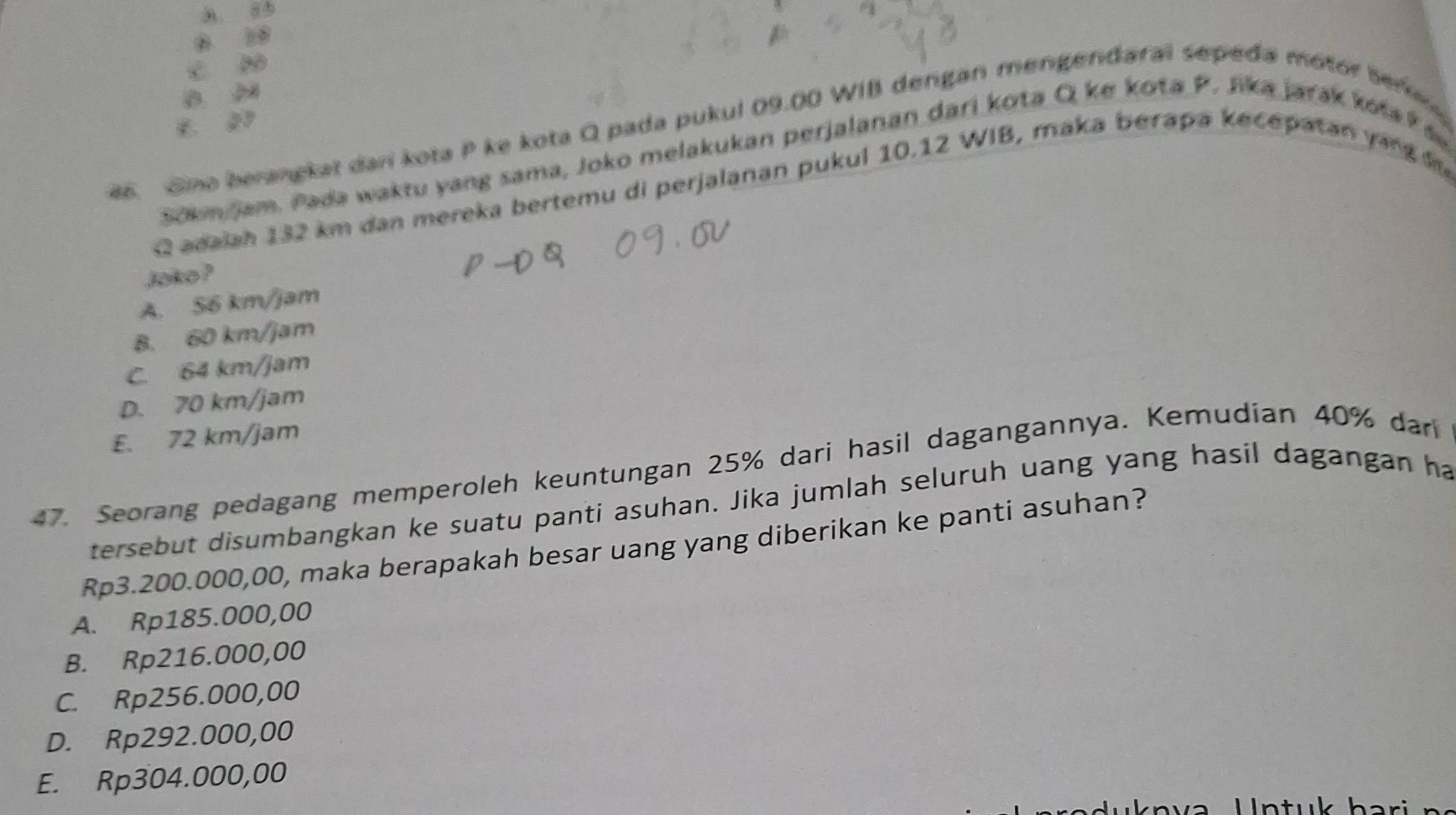 B 1B
C B
B z
as. Sino berangkat dari kota P ke kota Q pada pukul 09.00 WIB dengan mengendaral sepeda motor Ser
sokm Jam. Pada waktu yang sama, Joko melakukan perjalanan dari kota Q ke kota P. lika jarak kota ?
Q adaiah 132 km dan mereka bertemu di perjalanan pukul 10.12 WIB, maka berapa kecepatan yirg 
Joko ?
A. 56 km/jam
B. 60 km/jam
C. 64 km/jam
D. 70 km/jam
E. 72 km/jam
47. Seorang pedagang memperoleh keuntungan 25% dari hasil dagangannya. Kemudian 40% dar
tersebut disumbangkan ke suatu panti asuhan. Jika jumlah seluruh uang yang hasil dagangan ha
Rp3.200.000,00, maka berapakah besar uang yang diberikan ke panti asuhan?
A. Rp185.000,00
B. Rp216.000,00
C. Rp256.000,00
D. Rp292.000,00
E. Rp304.000,00