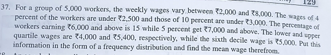 129 
37. For a group of 5,000 workers, the weekly wages vary between ₹2,000 and ₹8,000. The wages of 4
percent of the workers are under ₹2,500 and those of 10 percent are under ₹3,000. The percentage of 
workers earning ₹6,000 and above is 15 while 5 percent get ₹7,000 and above. The lower and upper 
quartile wages are ₹4,000 and ₹5,400, respectively, while the sixth decile wage is ₹5,000. Put this 
information in the form of a frequency distribution and find the mean wage therefrom.