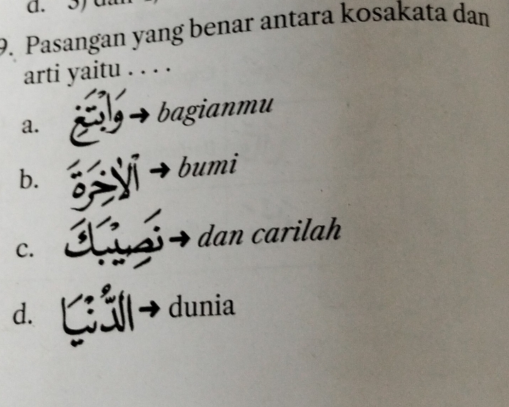 Pasangan yang benar antara kosakata dan
arti yaitu . . . .
a.
bagianmu
b.
bumi
C.
dan carilah
d.
dunia