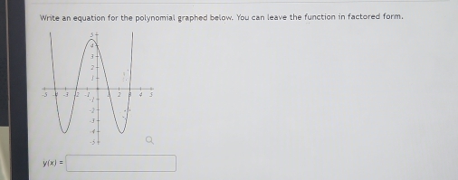 Write an equation for the polynomial graphed below. You can leave the function in factored form.
y(x)=□