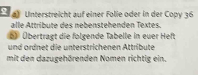 Unterstreicht auf einer Folie oder in der Copy 36 
alle Attribute des nebenstehenden Textes. 
b) Übertragt die folgende Tabelle in euer Heft 
und ordnet die unterstrichenen Attribute 
mit den dazugehörenden Nomen richtig ein.