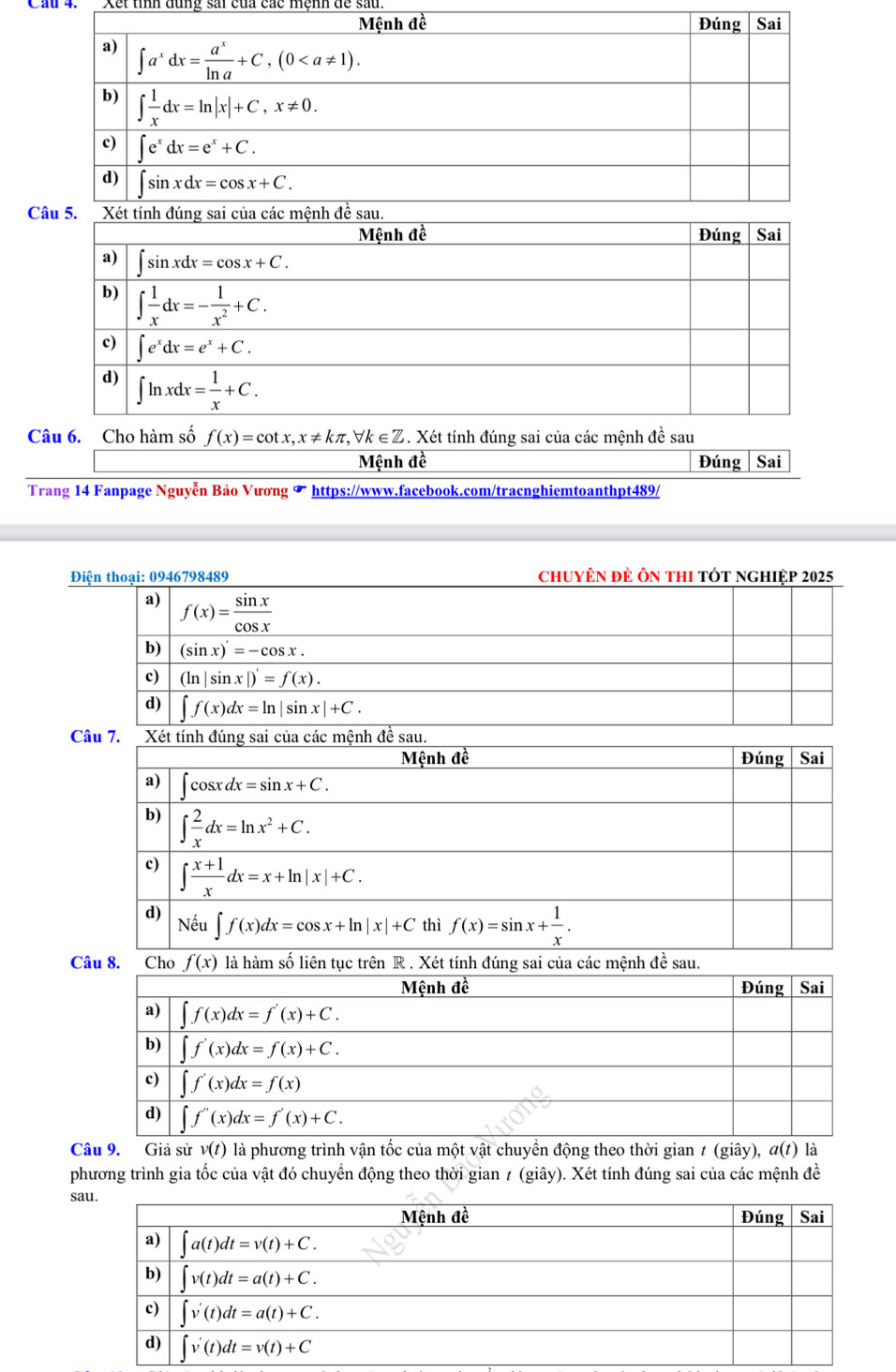 Cầu 4.  Xết tỉh dùng sải của các mệnh đề sau.
C
Câu 6. Cho hàm số f(x)=cot x,x!= kπ ,forall k∈ Z. Xét tính đúng sai của các mệnh đề sau
Mệnh đề Đúng  Sai
Trang 14 Fanpage Nguyễn Bảo Vương T https://www.facebook.com/tracnghiemtoanthpt489/
chuyên đẻ Ôn thI tÓt nghiệp 2025
C
C
Câu 9. Giả sử v(t) ) là phương trình vận tốc của một vật chuyển động theo thời gian t (giây), α(1) là
phương trình gia tốc của vật đó chuyển động theo thời gian ≠ (giây). Xét tính đúng sai của các mệnh đề
s