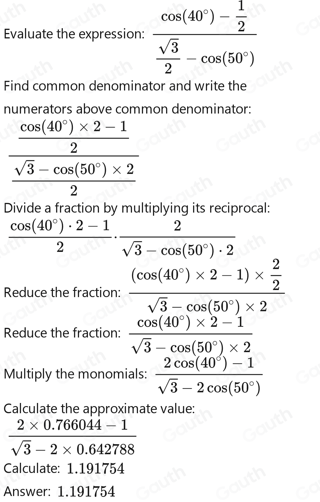 Solved: Prove that: (cos 40°-sin 30°)/sin 60°-cos 50° =tan 50° [Math]