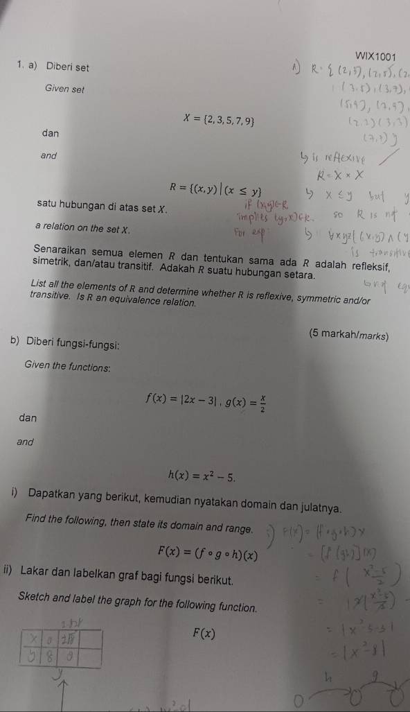 WIX1001 
1. a) Diberi set 
Given set
X= 2,3,5,7,9
dan 
and
R= (x,y)|(x≤ y
satu hubungan di atas set X. 
a relation on the set X
Senaraikan semua elemen R dan tentukan sama ada R adalah refleksif, 
simetrik, dan/atau transitif. Adakah R suatu hubungan setara. 
List all the elements of R and determine whether R is reflexive, symmetric and/or 
transitive. Is R an equivalence relation. 
(5 markah/marks) 
b) Diberi fungsi-fungsi: 
Given the functions:
f(x)=|2x-3|, g(x)= x/2 
dan 
and
h(x)=x^2-5. 
i) Dapatkan yang berikut, kemudian nyatakan domain dan julatnya. 
Find the following, then state its domain and range.
F(x)=(fcirc gcirc h)(x)
ii) Lakar dan labelkan graf bagi fungsi berikut. 
Sketch and label the graph for the following function.
F(x)