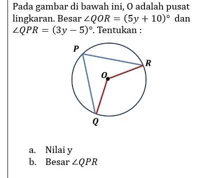 Pada gambar di bawah ini, O adalah pusat 
lingkaran. Besar ∠ QOR=(5y+10)^circ  dan
∠ QPR=(3y-5)^circ . Tentukan : 
a. Nilai y
b. Besar ∠ QPR