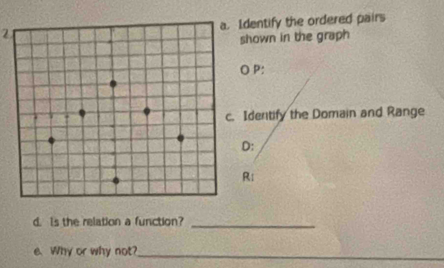 dentify the ordered pairs 
2 
shown in the graph 
O P : 
Idertify the Domain and Range 
D: 
R: 
d. Is the relation a function?_ 
e. Why or why not?_