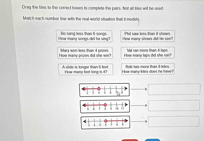 Drag the tiles to the correct boxes to complete the pairs. Not all tiles will be used. 
Match each number line with the real-world situation that it models 
Bo sang less than 6 songs Phil saw less than 8 shows. 
How many songs did he sing? How many shows did he see? 
Mary won less than 4 prizes. Val ran more than 4 laps. 
How many prizes did she win? How many laps did she run? 
A slide is longer than 6 feet. Rob has more than 8 kites. 
How many feet long is it? How many kites does he have?