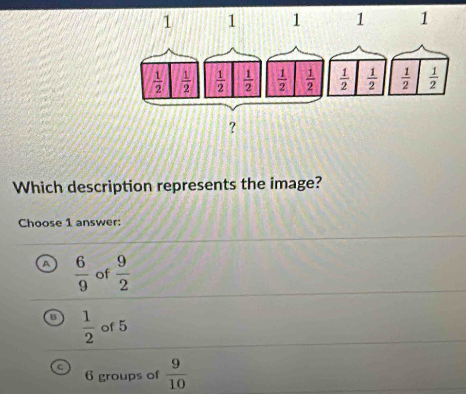 Which description represents the image?
Choose 1 answer:
A  6/9  of  9/2 
B  1/2  of 5
6 groups of  9/10 